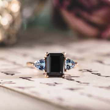 Custom Emerald-Cut Black Onyx Engagement Ring with Aquamarine Accents in 14K Rose Gold