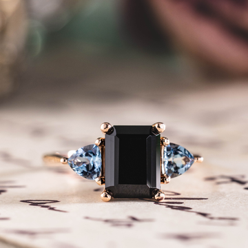 Custom Emerald-Cut Black Onyx Engagement Ring with Aquamarine Accents in 14K Rose Gold