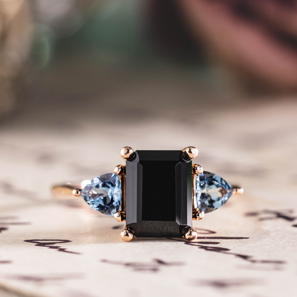 Custom Emerald-Cut Black Onyx Engagement Ring with Aquamarine Accents in 14K Rose Gold