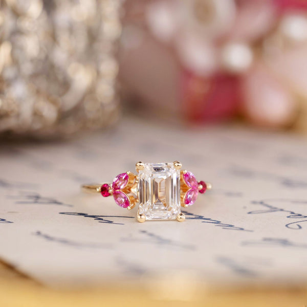 Custom Emerald-Cut Lab-Grown Diamond Engagement Ring with Pink Sapphire and Ruby Accents in 14K Yellow Gold
