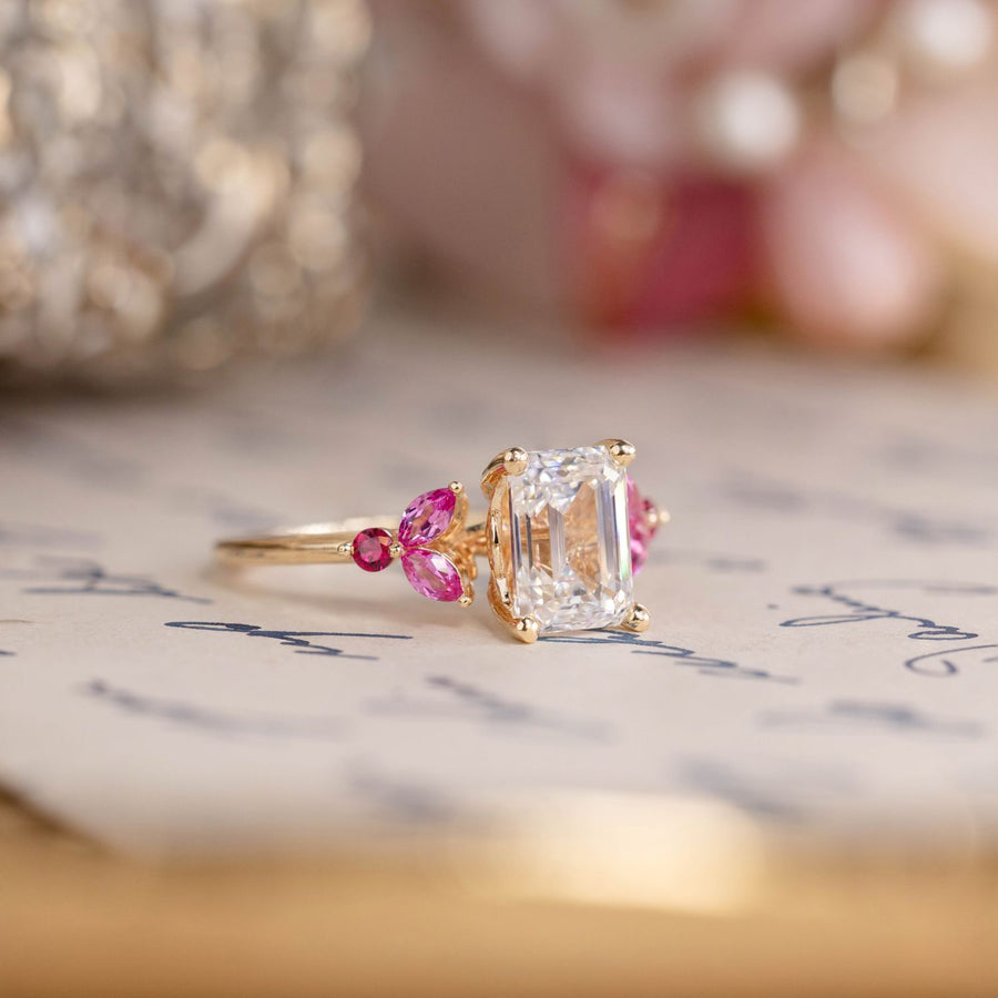 Custom Emerald-Cut Lab-Grown Diamond Engagement Ring with Pink Sapphire and Ruby Accents in 14K Yellow Gold