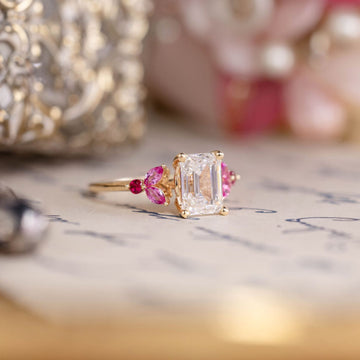 Custom Emerald-Cut Lab-Grown Diamond Engagement Ring with Pink Sapphire and Ruby Accents in 14K Yellow Gold