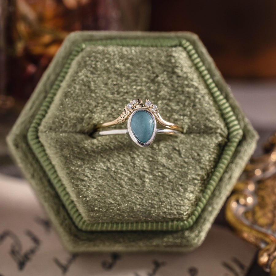 Custom floral contour band with diamonds with sea glass engagement ring