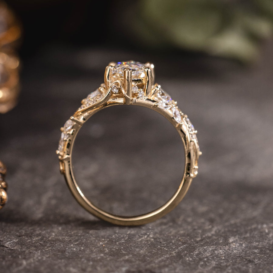 Custom elongated hexagon diamond floral ring with floral acccents