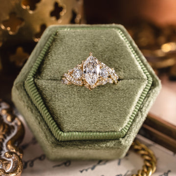 Custom elongated hexagon diamond floral ring with floral acccents