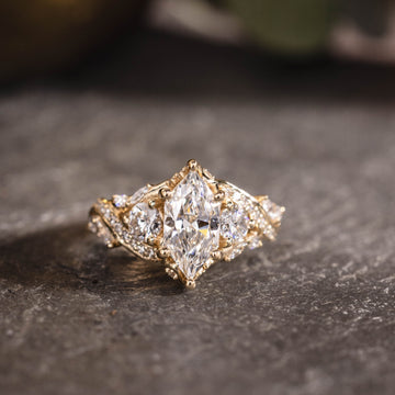 Custom elongated hexagon diamond floral ring with floral accents