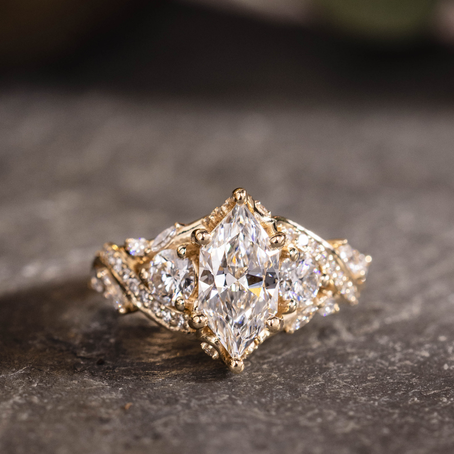 Custom elongated hexagon diamond floral ring with floral accents