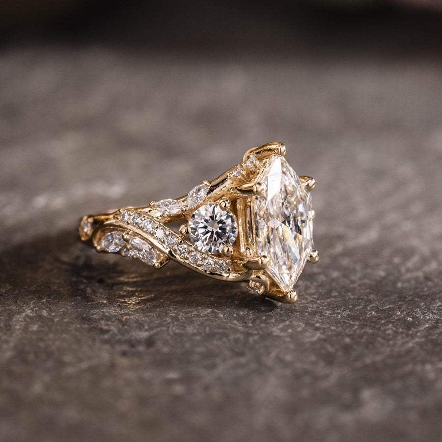 Custom elongated hexagon diamond floral ring with floral acccents