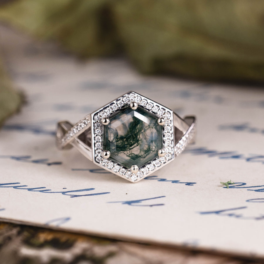 8mm Hex Moss Agate Engagement Ring