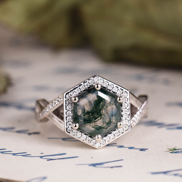 8mm Hex Moss Agate Engagement Ring