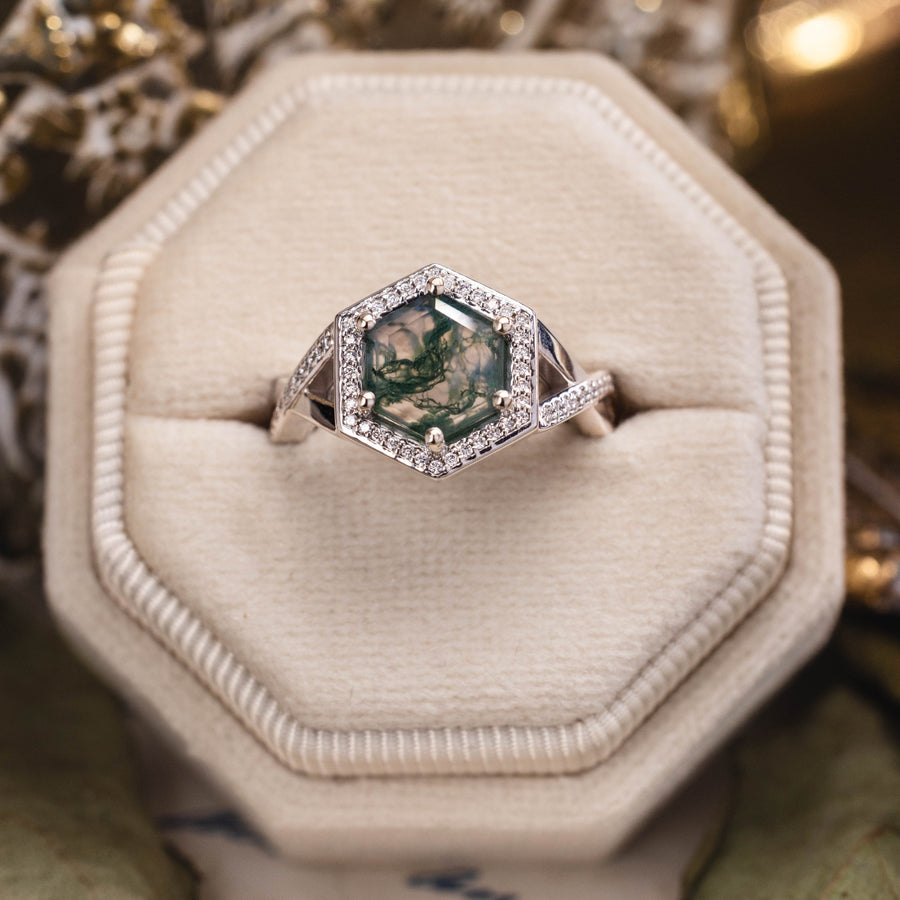 8mm Hex Moss Agate Engagement Ring