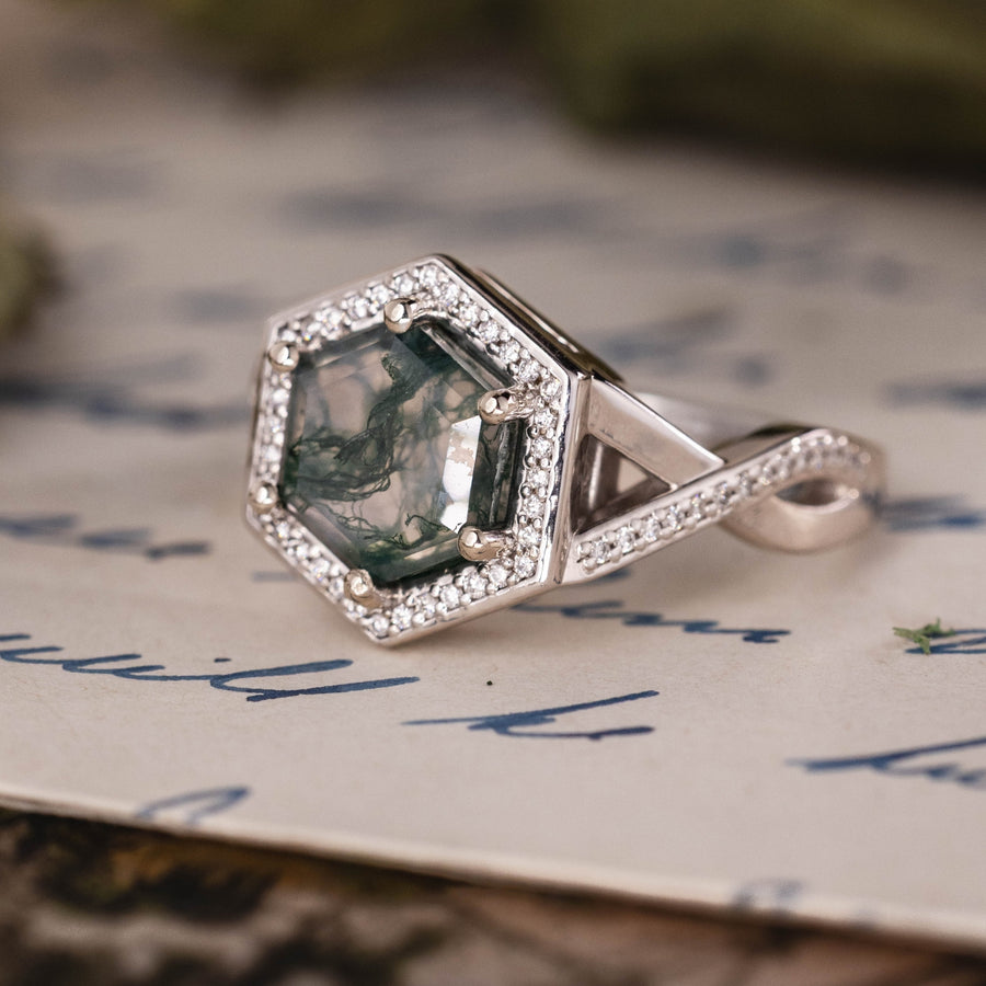 8mm Hex Moss Agate Engagement Ring