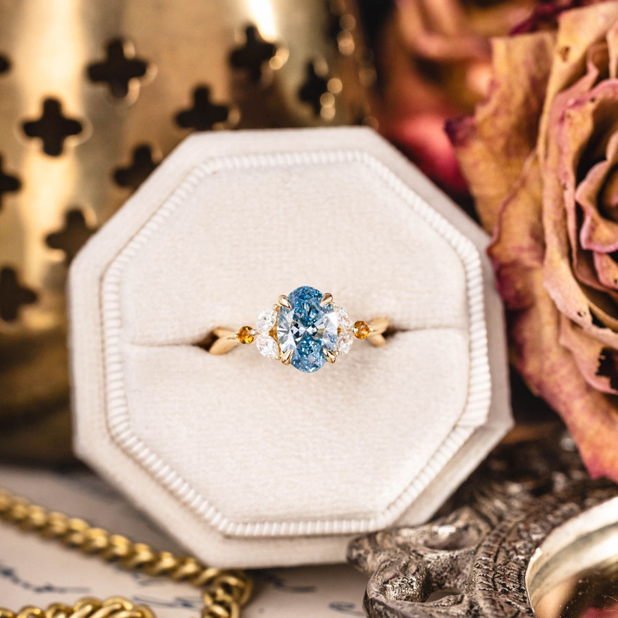 Custom Oval Lab-Grown Fancy Vivid Blue Diamond Engagement Ring in 14K Yellow Gold