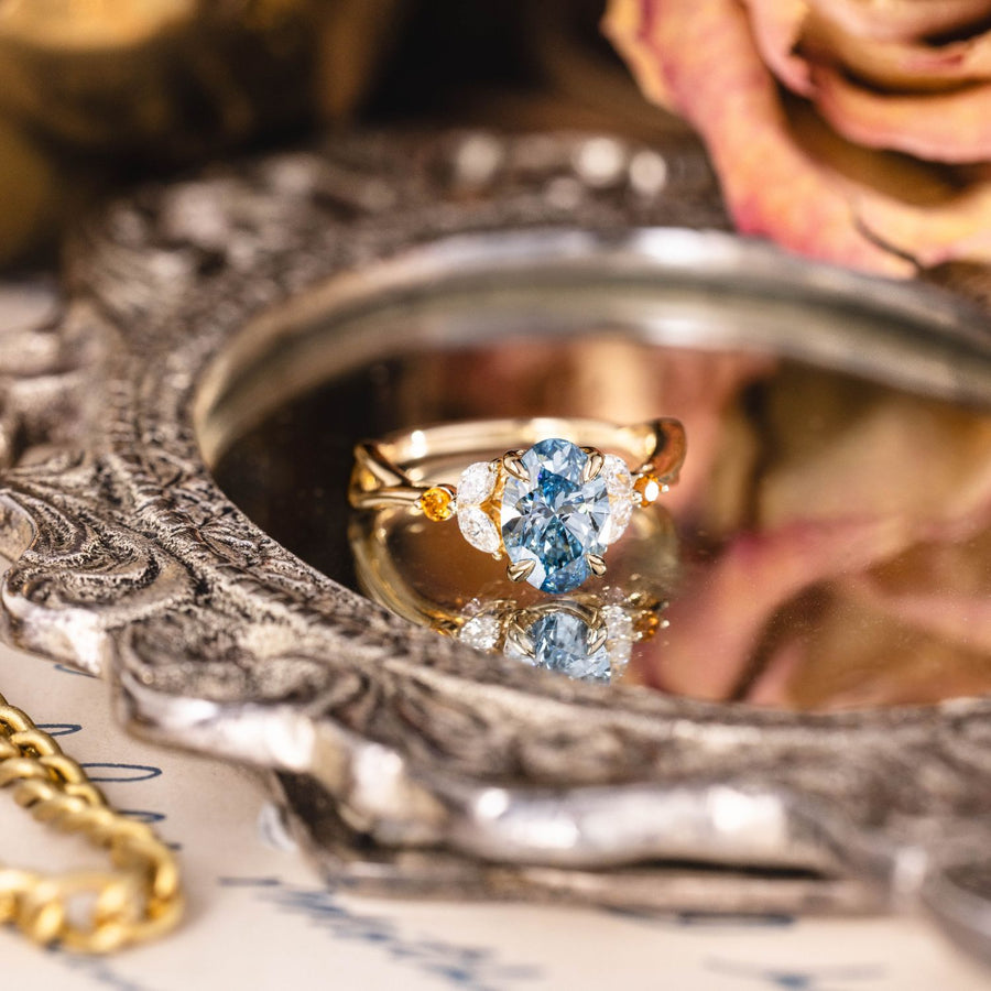 Custom Oval Lab-Grown Fancy Vivid Blue Diamond Engagement Ring in 14K Yellow Gold
