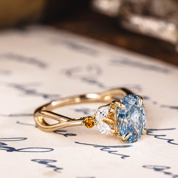 Oval Lab-Grown Fancy Vivid Blue Diamond Engagement Ring in 14K Yellow Gold