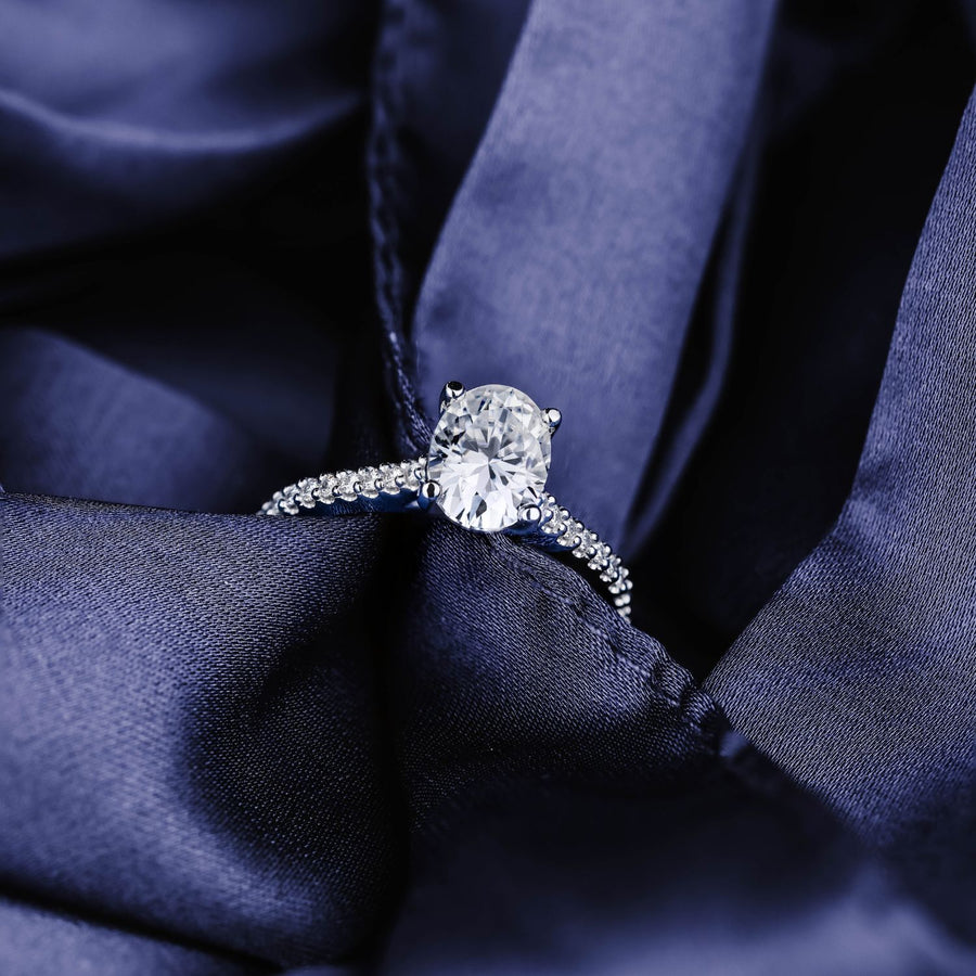 Custom Oval Moissanite Pavé Engagement Ring in White Gold