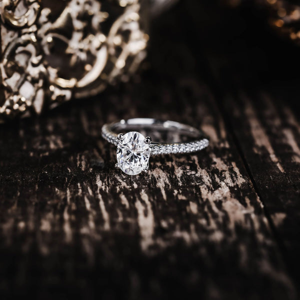 Custom Oval Moissanite Pavé Engagement Ring in White Gold
