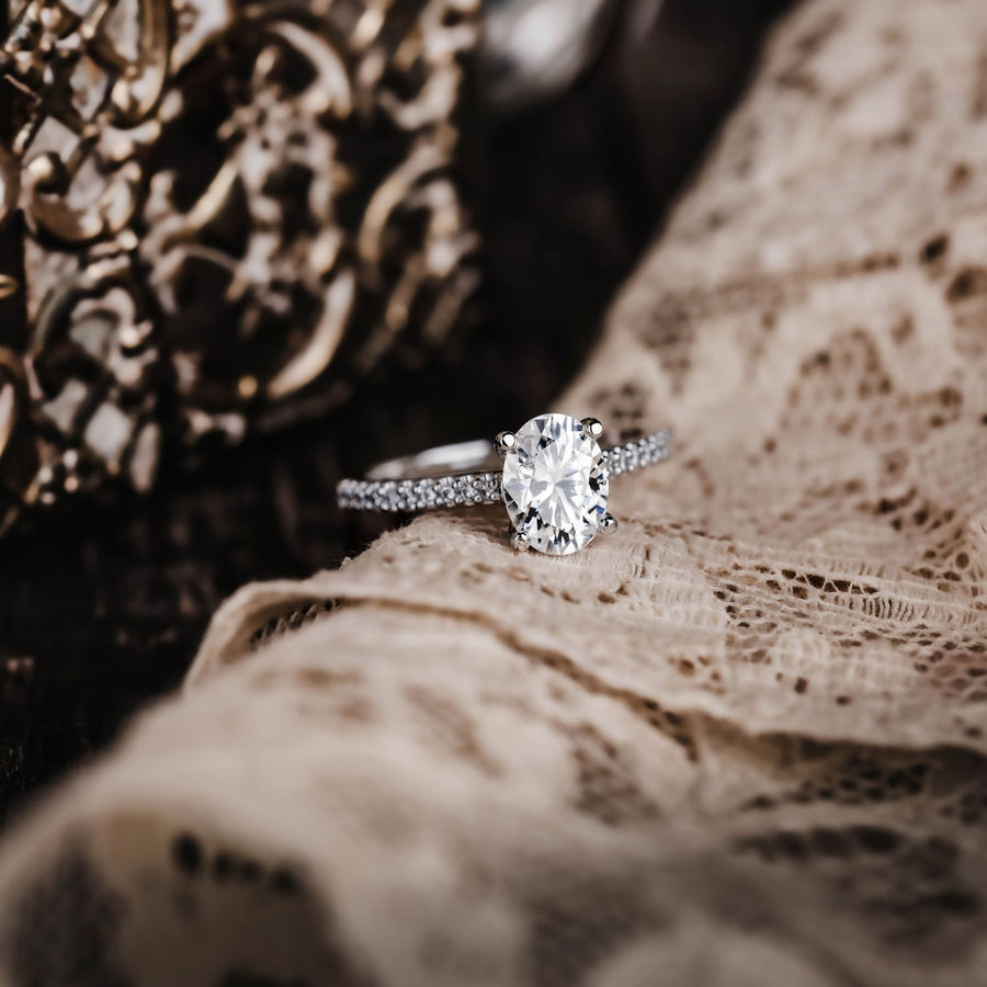 Custom Oval Moissanite Pavé Engagement Ring in White Gold