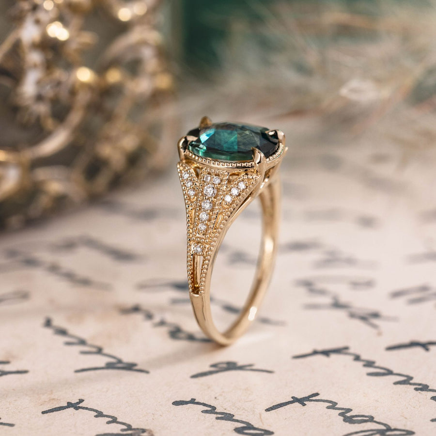 Custom Oval Rose-Cut Blue Sapphire Engagement Ring Inspired by the Amelie