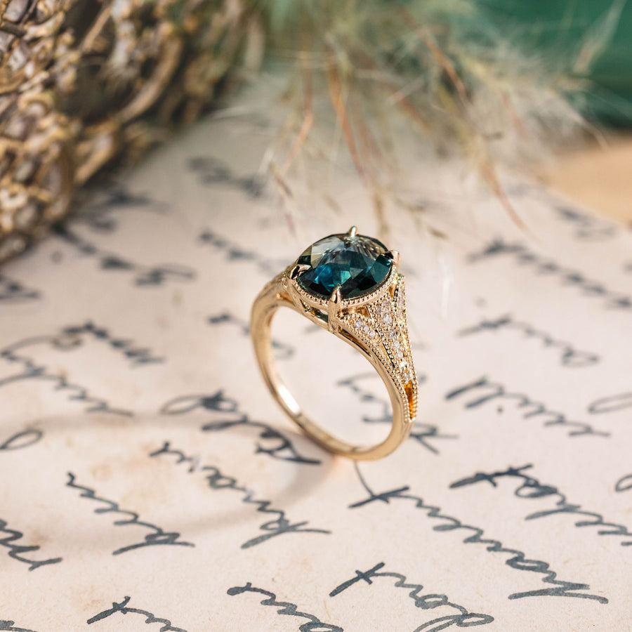 Custom Oval Rose-Cut Blue Sapphire Engagement Ring Inspired by the Amelie