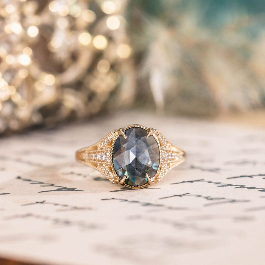 Custom Oval Rose-Cut Blue Sapphire Engagement Ring Inspired by the Amelie