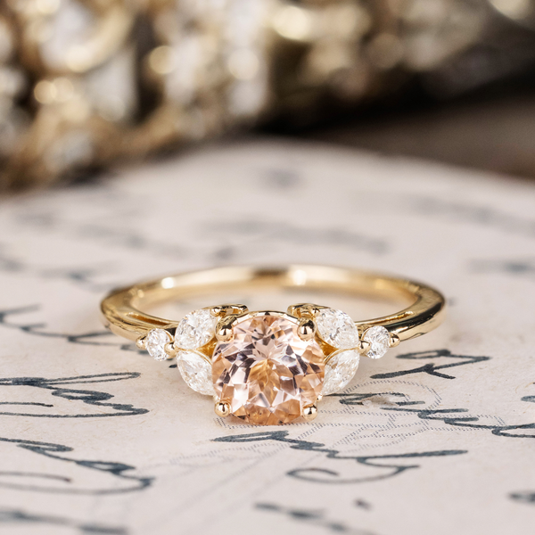 Round Peach Morganite with Diamond Accents Engagement Ring