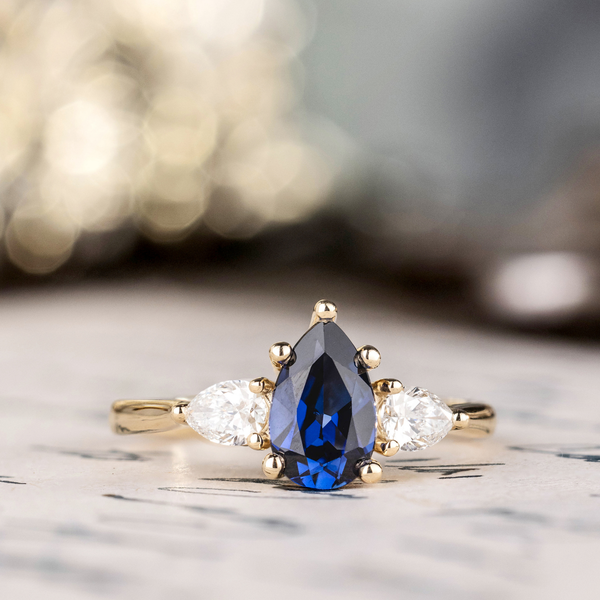 Pear-Cut Blue Sapphire Three- Stone Engagement Ring in 10K Yellow Gold