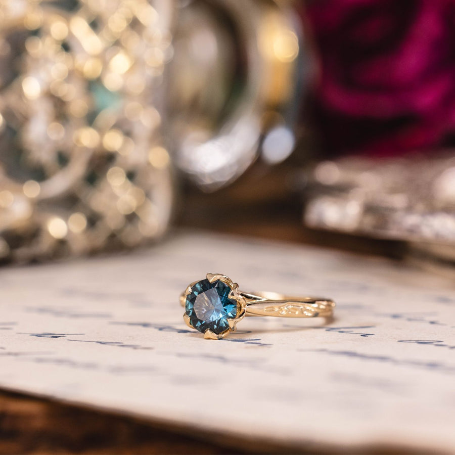 Custom Round Teal Australian Sapphire Engagement Ring in 14K Yellow Gold