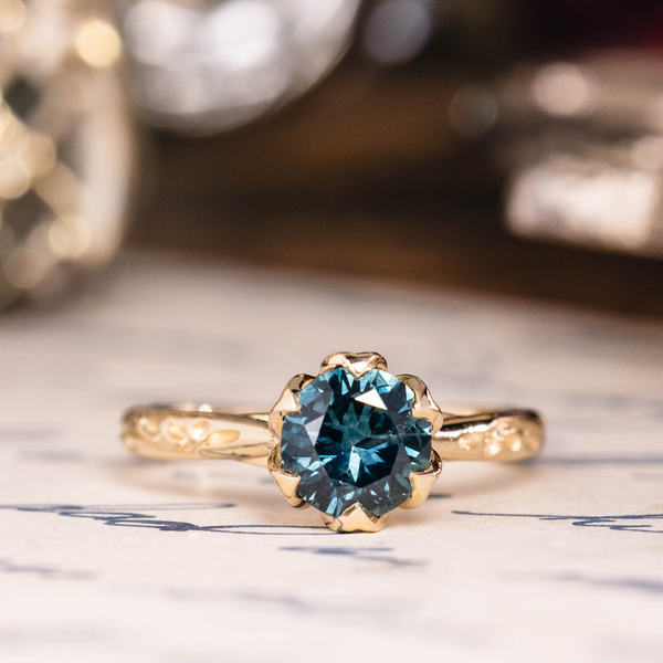 Round Teal Australian Sapphire Engagement Ring in 14K Yellow Gold