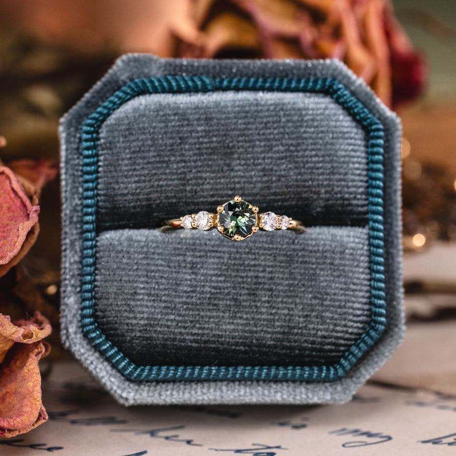 Custom Round Teal Australian Sapphire Engagement Ring in 18K Yellow Gold
