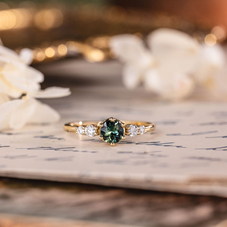 Custom Round Teal Australian Sapphire Engagement Ring in 18K Yellow Gold