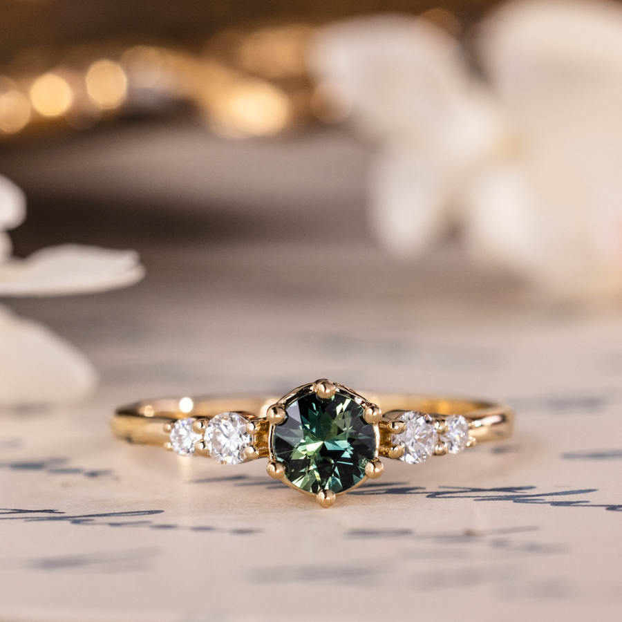 Custom Round Teal Australian Sapphire Engagement Ring in 18K Yellow Gold