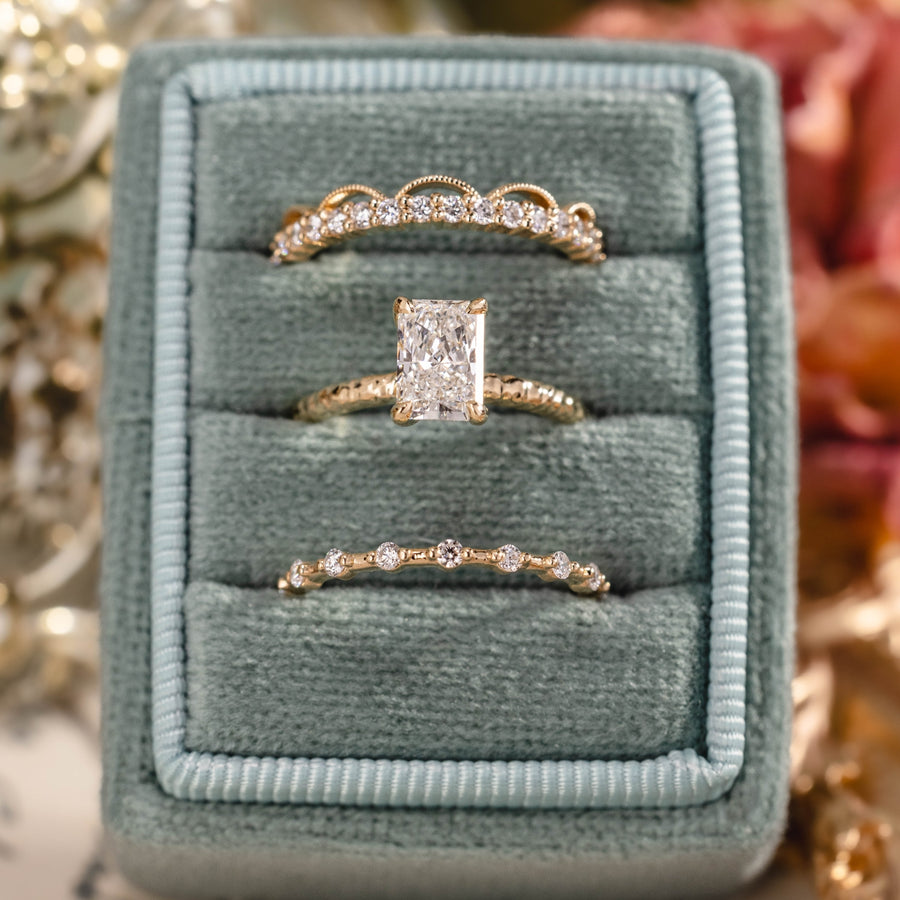 custom 3 Piece engagement ring and stackable bands set in 14K yellow gold