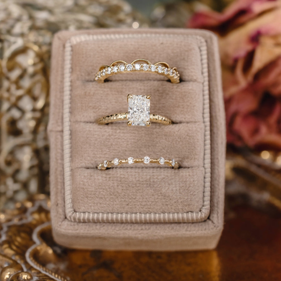 custom 3 Piece engagement ring and stackable bands set in 14K yellow gold