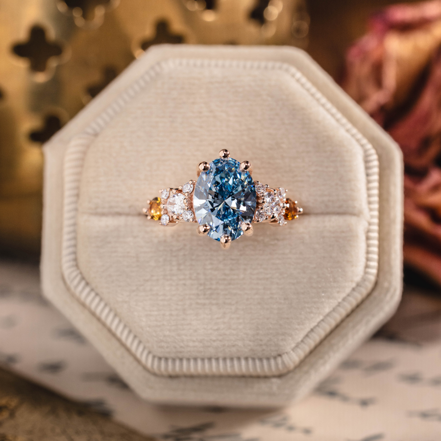 Oval fancy vivid blue lab-grown diamond engagement ring in 14K rose gold