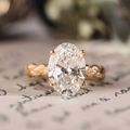 14K Yellow Gold Custom Engagement Ring with 4.23ct Oval Lab-Grown Diamond and Hand-Engraved Leaf Band
