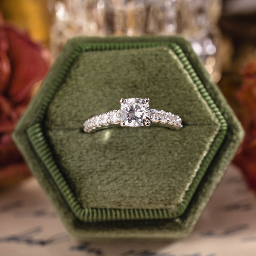 Cushion cut lab-grown diamond engagement ring in 10K white gold with moissanite pavé accents