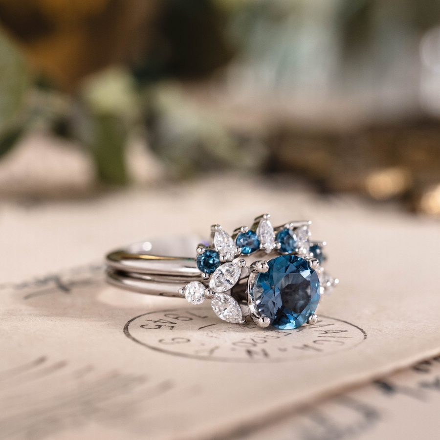 London Blue Topaz Laurel engagement ring with topaz and diamond Halley contour band in 10K white gold