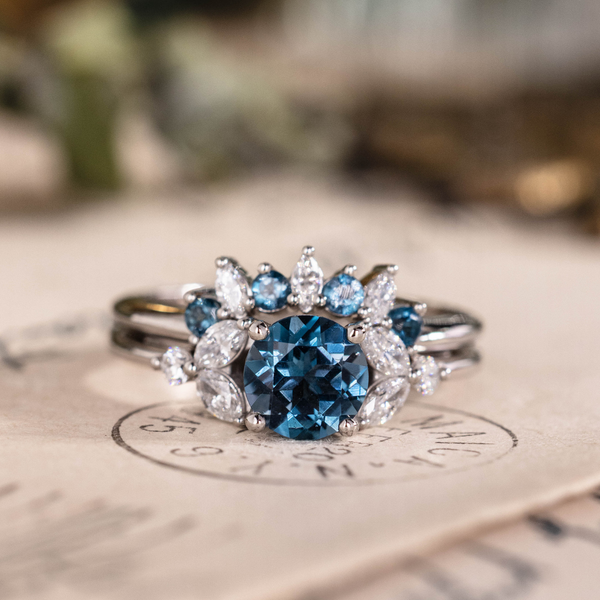 London Blue Topaz Laurel engagement ring with topaz and diamond Halley contour band in 10K white gold