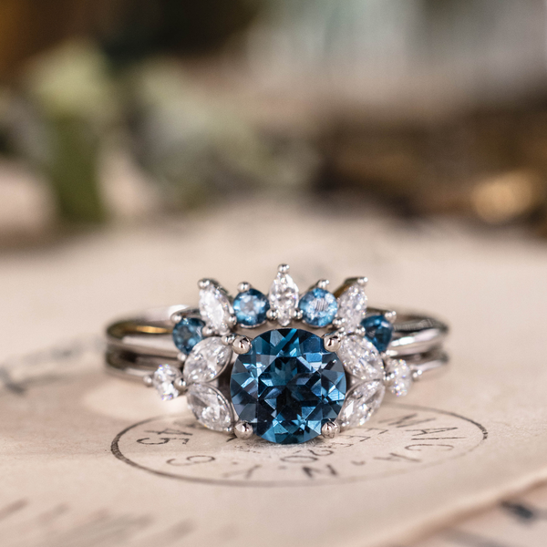 London Blue Topaz Laurel engagement ring with topaz and diamond Halley contour band in 10K white gold