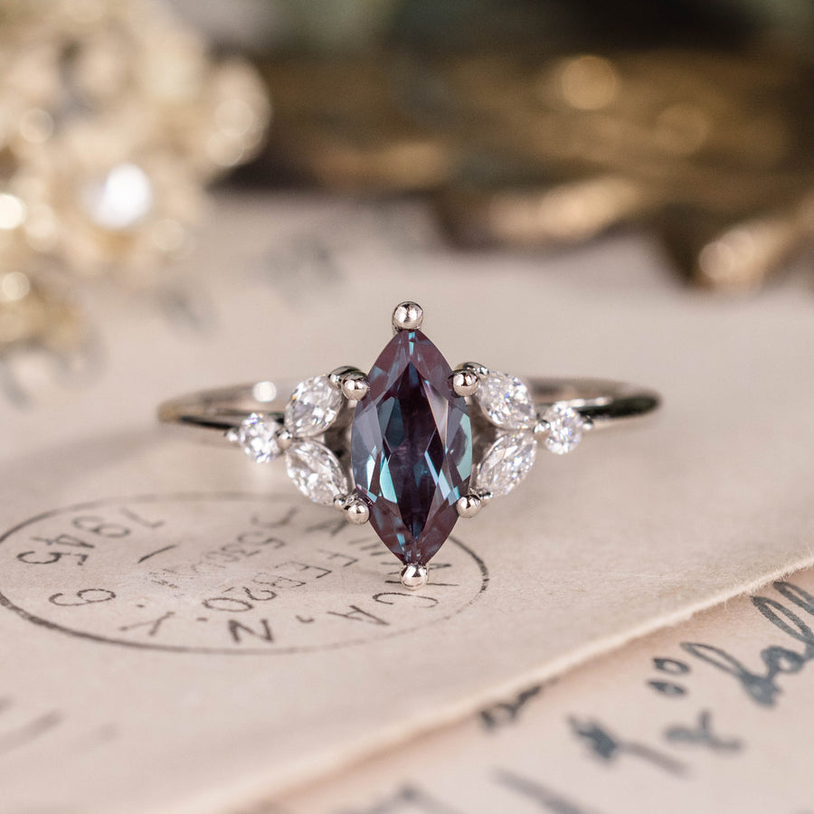 Marquise lab-grown alexandrite engagement ring in 10K white gold with diamond accents