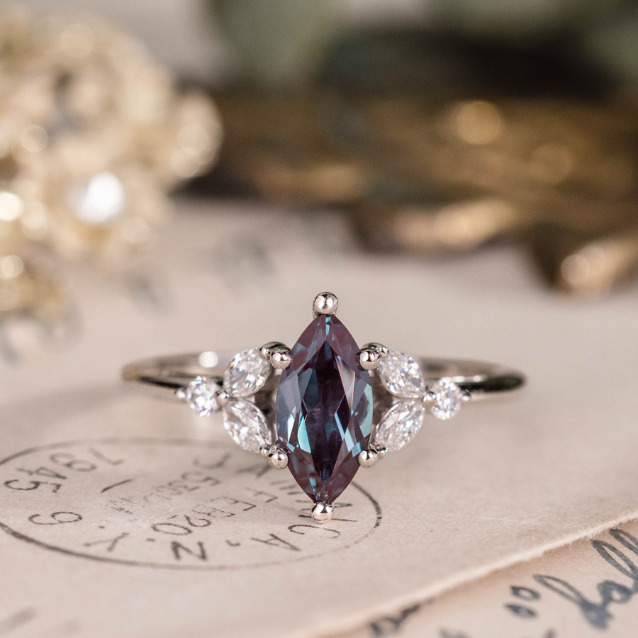 Marquise lab-grown alexandrite engagement ring in 10K white gold with diamond accents