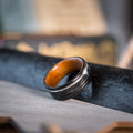 The Old Fashioned | Men's Whiskey Barrel Wood Wedding Band with Black Cherry Liner & Offset Metal Inlay