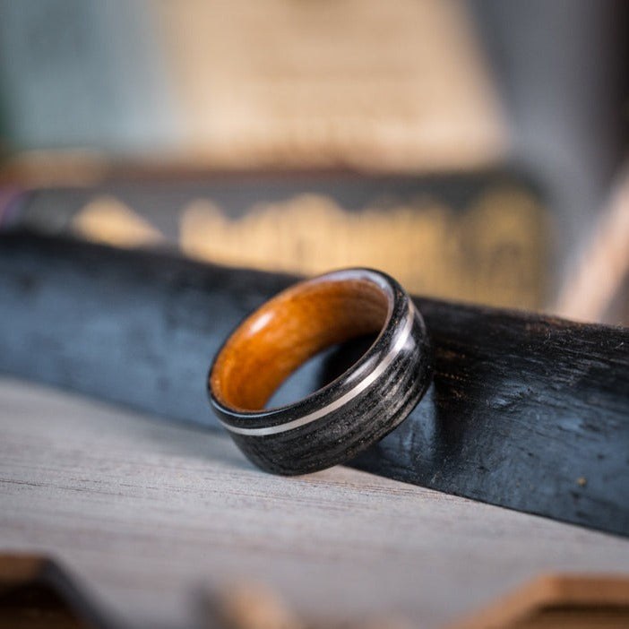 The Old Fashioned | Men's Whiskey Barrel Wood Wedding Band with Black Cherry Liner & Offset Metal Inlay