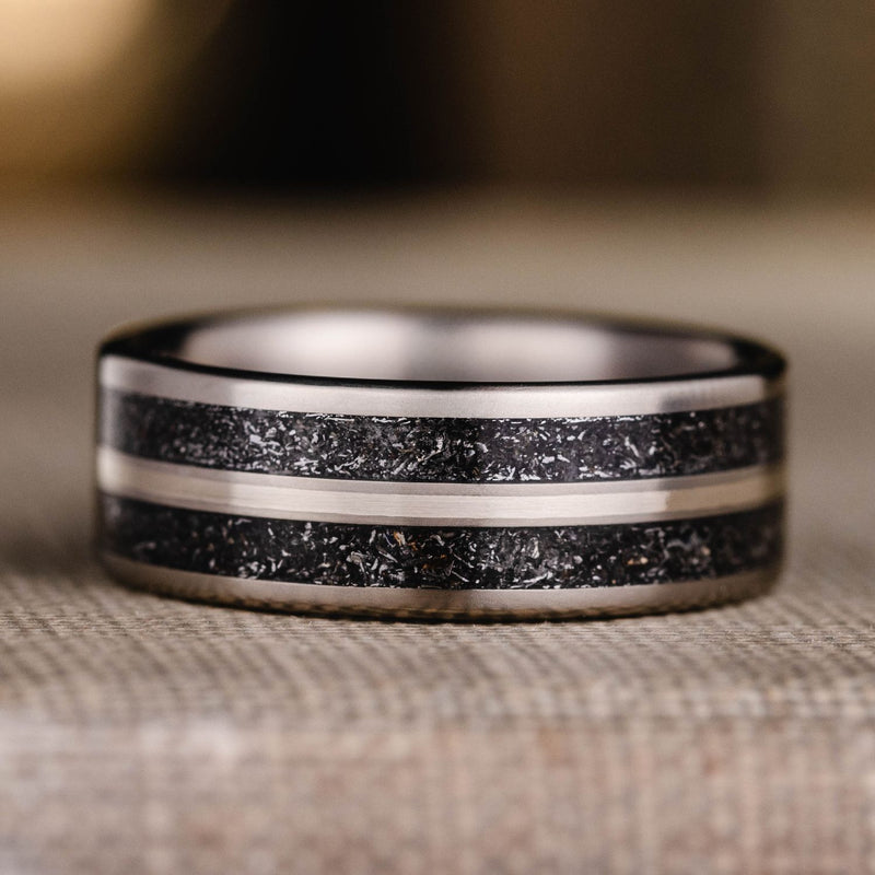 Eclipse-Mens-Titanium-Wedding-Band-Meteorite-Center-Metal-Inlay-Rustic-And-Main