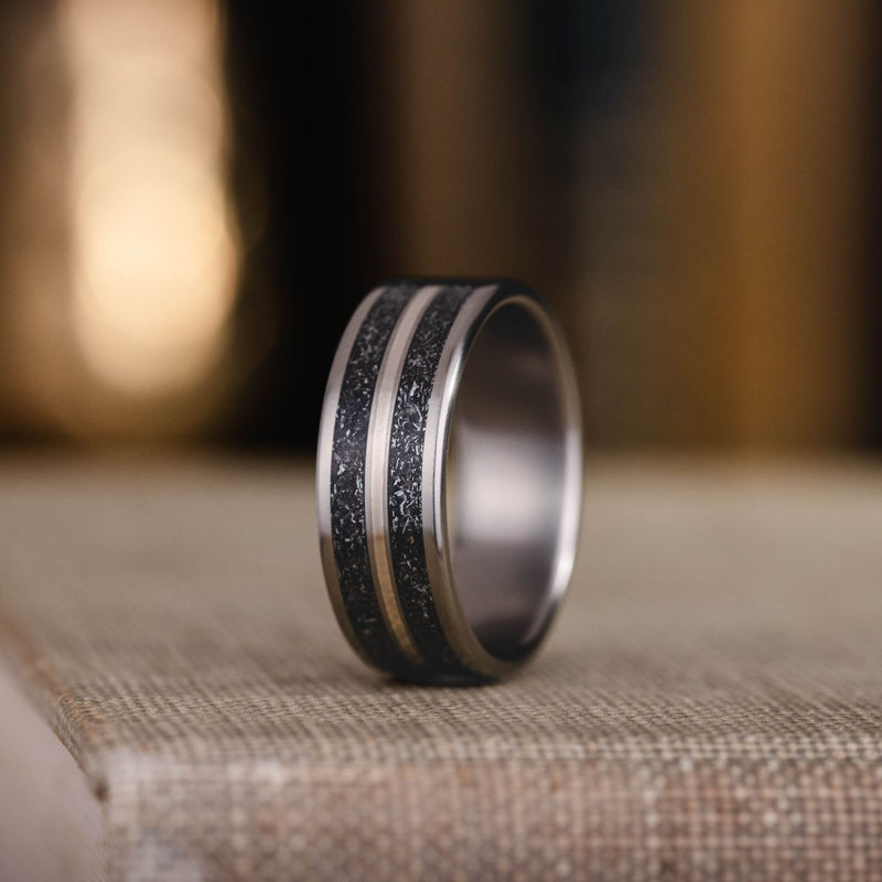 Eclipse-Mens-Titanium-Wedding-Band-Meteorite-Center-Metal-Inlay-Rustic-And-Main