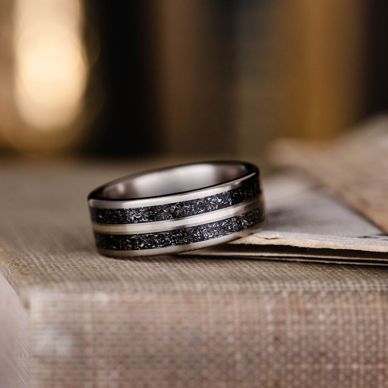 Eclipse-Mens-Titanium-Wedding-Band-Meteorite-Center-Metal-Inlay-Rustic-And-Main