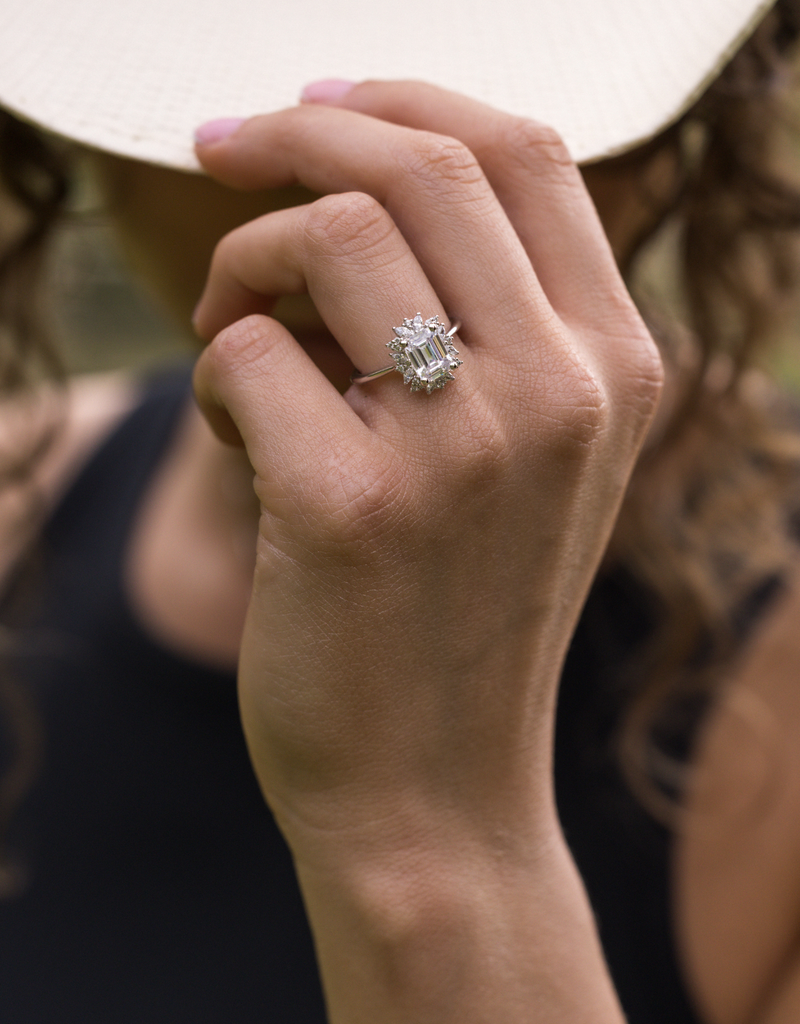 Emerald-Cut Diamond with Floral Diamond Halo