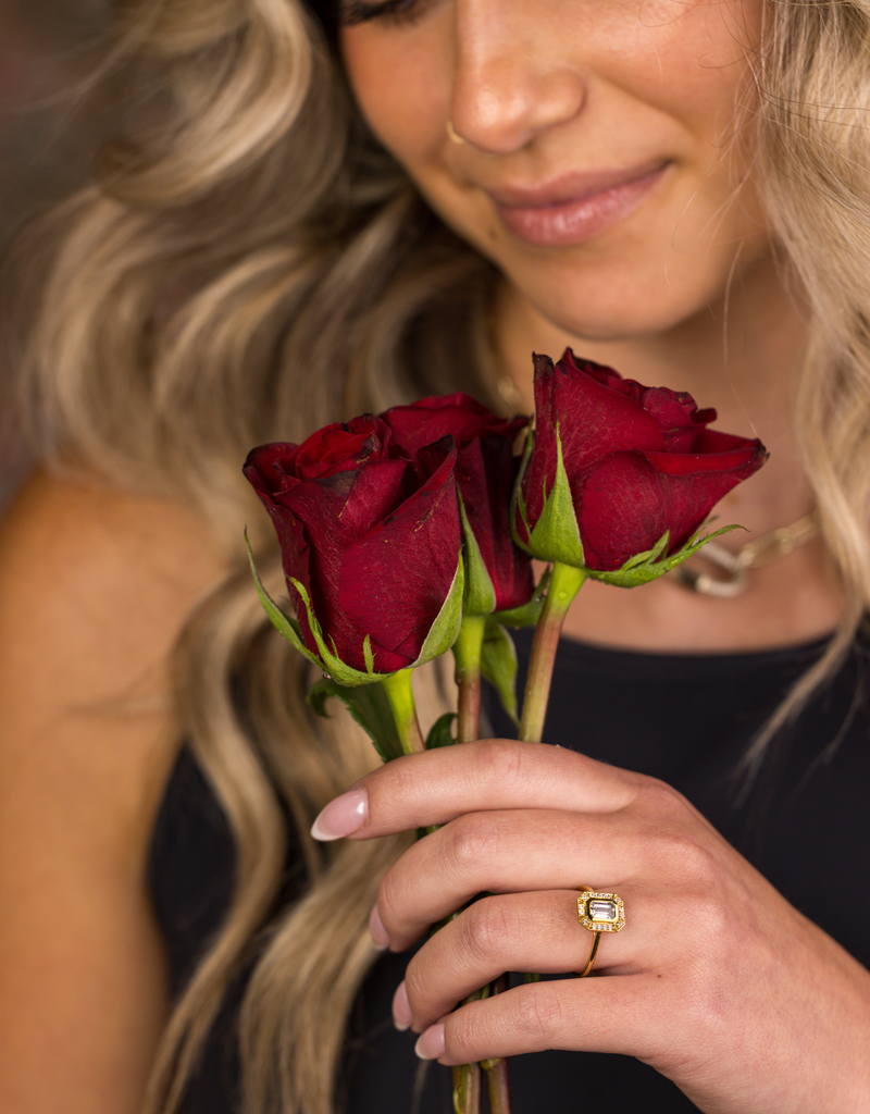 Emerald-Cut Diamond in Bezel with Diamond Halo