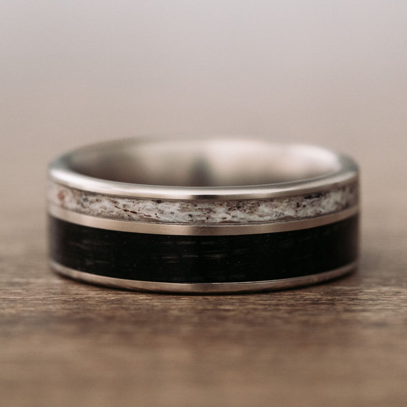     Gents-Weekend-Mens-Elk-Antler-Whiskey-Barrel-Wood-Titanium-Wedding-Band-Rustic-and-Main
